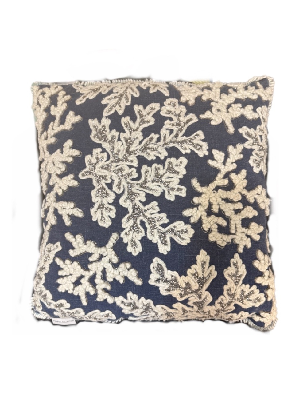 Coastal Collection Blue Accent Pillow Beading Embroidery Coral Design